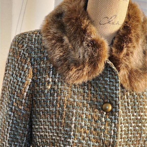 KASPER Brown and Green Tweed Faux Fur Collar Fitted Tailored Blazer Jacket 10P - Picture 3 of 14